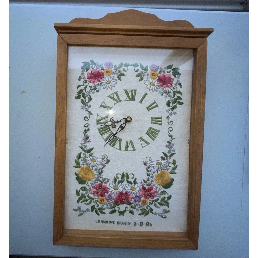 Hand Made Cross Stitch Clock In Wood Shadow Glass Box Plug-In 10.5